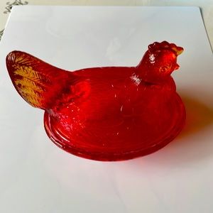 Vintage Red pressed glass chicken/hen on nest candy dish.